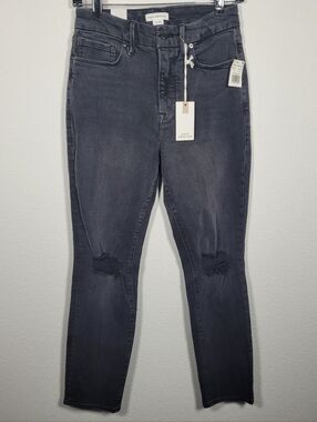 Good American Good Classic High Rise Skinny Jeans Charcoal Black Distressed 4/27
